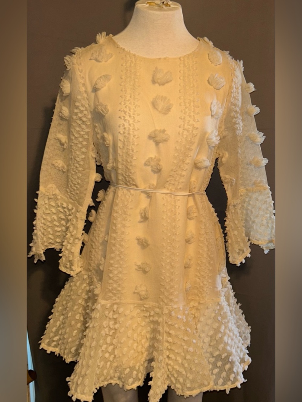 Entro Cream Floral Pom Pom Dress Bell Sleeve Tiered Ruffle Party size M [🩷-1]